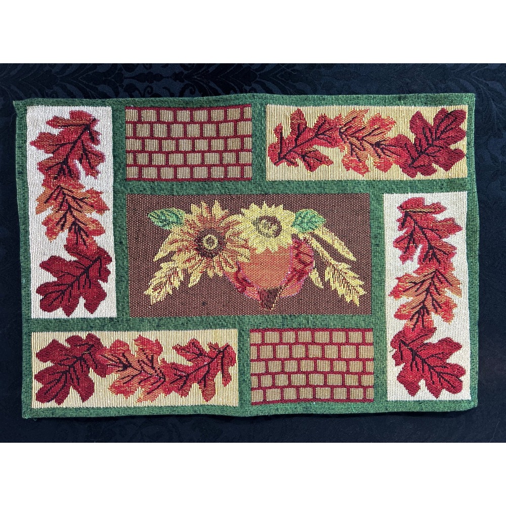 Placemat Woven Tapestry Autumn Harvest Thanksgiving Sunflowers Pumpkin 12x18"